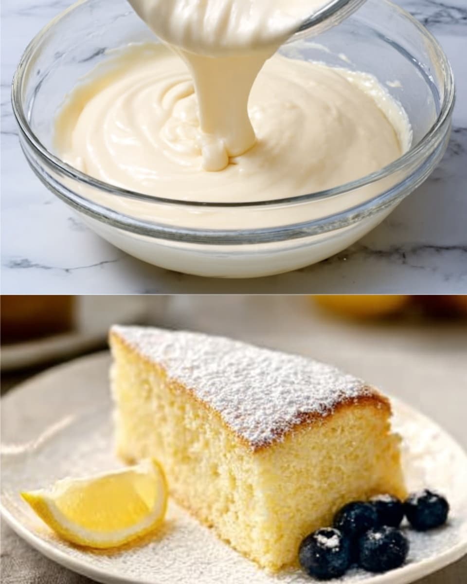 The image shows two parts: the top part has a clear glass bowl filled with smooth creamy batter being poured into it, with a woman's hand holding the bowl. The bottom part shows a thick slice of light yellow cake with a soft and fluffy inside, topped with a thin layer of white powdered sugar. The cake is placed on a white plate with a few blueberries and a slice of lemon next to it. The background has a white marbled texture. Photo taken with an iphone --ar 4:5 --v 7