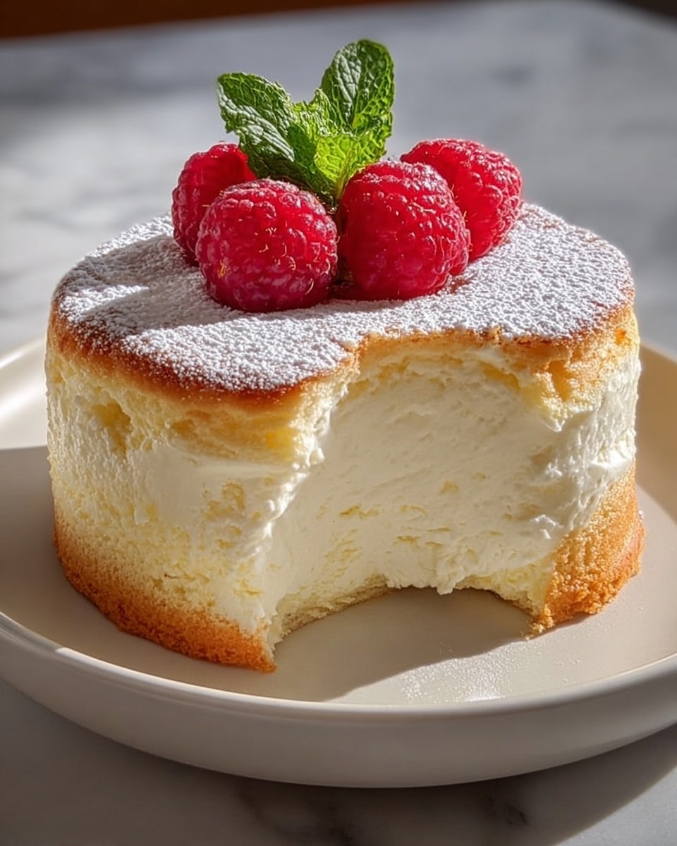 The image shows a single slice of soft, fluffy cheesecake on a white plate. The cheesecake has two layers: a thick pale yellow creamy layer on the bottom with a smooth texture and a light golden browned top layer with a slightly rough surface. On top of the cheesecake are two bright red raspberries and a small green mint leaf, adding a fresh touch. The plate sits on a white marbled surface, and the background is softly blurred. Photo taken with an iphone --ar 4:5 --v 7