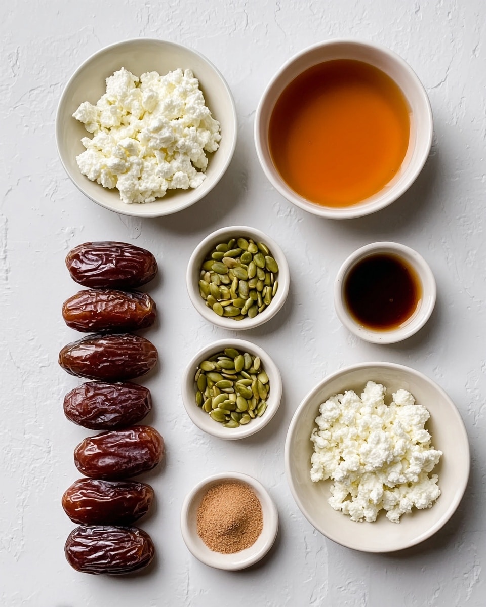 The image shows a clean layout of ingredients arranged neatly on a white marbled surface. There are three rows of fresh, shiny, dark brown dates lined up at the bottom left. Above them are two small white bowls filled with ricotta cheese, one placed at the top right and a smaller one at the bottom right. To the right of the top bowl is a larger white bowl filled with amber-colored honey. Below that, there is a small white bowl with a light brown powder, likely cinnamon, positioned near the center. To the left of the powder bowl, another small white bowl contains chopped pistachios, and above it, a very small white bowl holds a dark liquid, possibly vanilla or syrup. The setup has a simple, organized feel with no overlapping items. Photo taken with an iphone --ar 4:5 --v 7