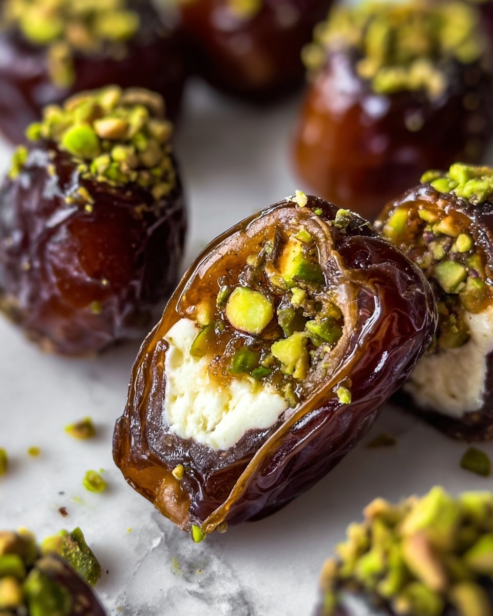 The image shows a close-up of stuffed dates with three clear layers: a shiny, dark brown outer layer of the date skin that looks smooth and sticky, a middle layer filled with bright green chopped pistachios and small bits of golden honey or syrup, and an inner layer made of creamy white cheese. The stuffed dates are surrounded by more whole dates, some sprinkled with crushed green pistachios, all placed on a white marbled surface. photo taken with an iphone --ar 4:5 --v 7