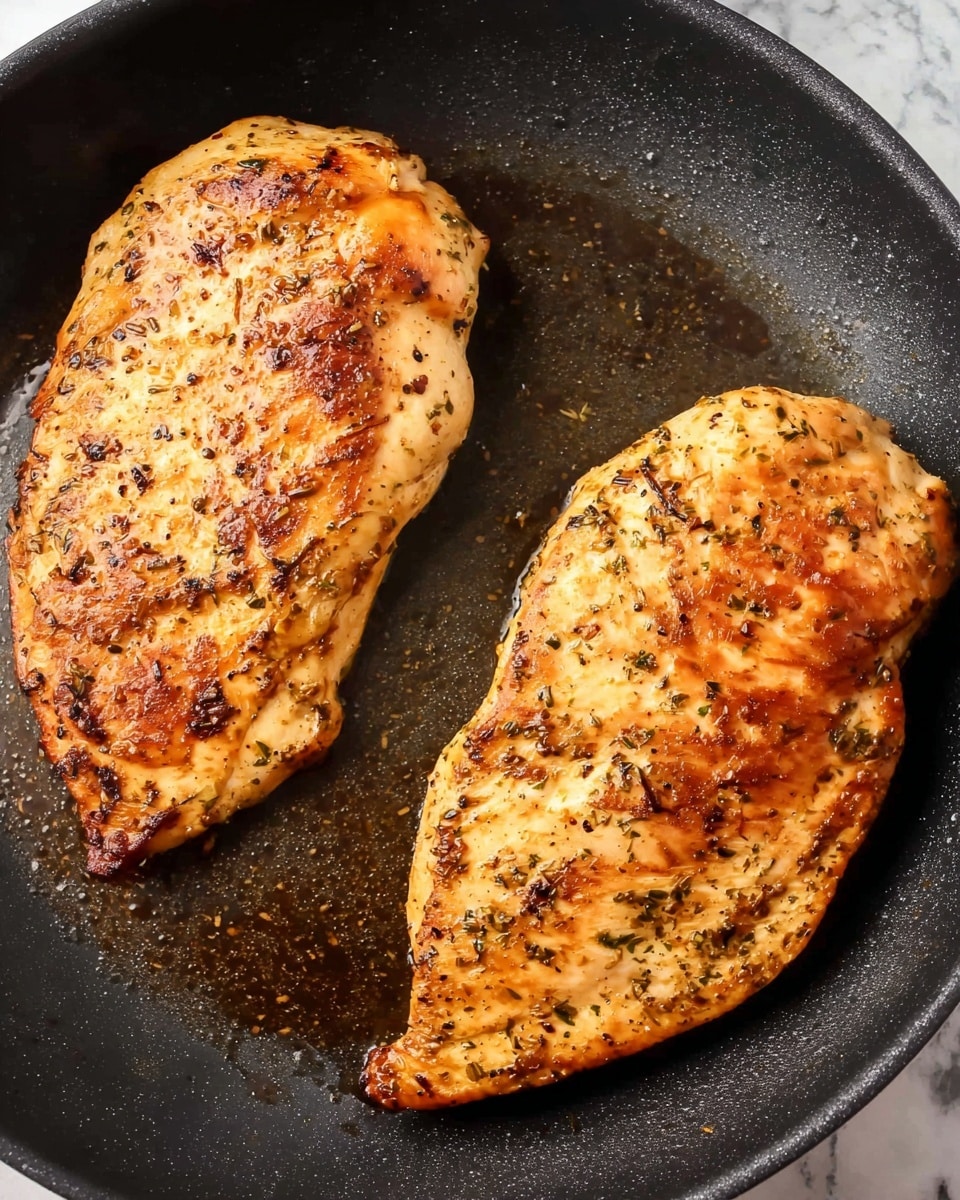 Two seasoned chicken pieces, golden-brown and cooked, lie flat in a black cast iron pan with a textured surface showing spots of oil and seasoning. The chicken has a slightly rough texture with visible herbs and spices spread evenly over the skin. The pan's edges frame the chicken, and the contrast between the rich brown chicken and dark fry pan stands out against a white marbled texture background. Photo taken with an iphone --ar 4:5 --v 7