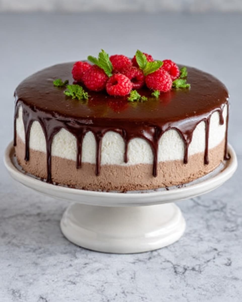 The image shows a three-layer round cake on a white cake stand against a white marbled surface. The bottom layer is light brown and smooth, the middle layer is white and creamy, and the top layer is dark glossy chocolate that drips down the sides in uneven lines. On top, there are fresh red raspberries and small green mint leaves scattered in the center. The overall look is clean, with the chocolate glaze creating a shiny texture while the raspberry and mint add bright color contrast. photo taken with an iphone --ar 4:5 --v 7