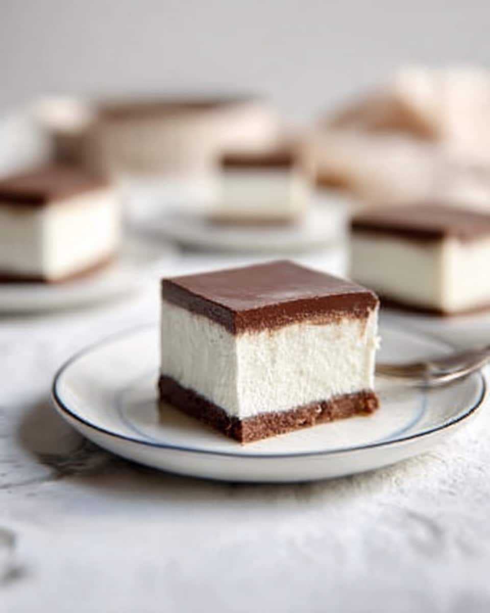 The image shows a close-up of a single square dessert piece on a white plate with a thin black line near the edge, sitting on a white marbled surface. The dessert has two main layers: a thick bottom layer of smooth, white cream or mousse with a soft texture, and a thinner, firm dark brown layer on top, looking like chocolate. In the background, there are blurred similar dessert pieces on white plates, adding depth to the picture. A woman's hand with a fork is slightly visible near the back, softly reaching toward one of the desserts. The lighting is soft and natural, highlighting the clean and simple look of the dessert. photo taken with an iphone --ar 4:5 --v 7