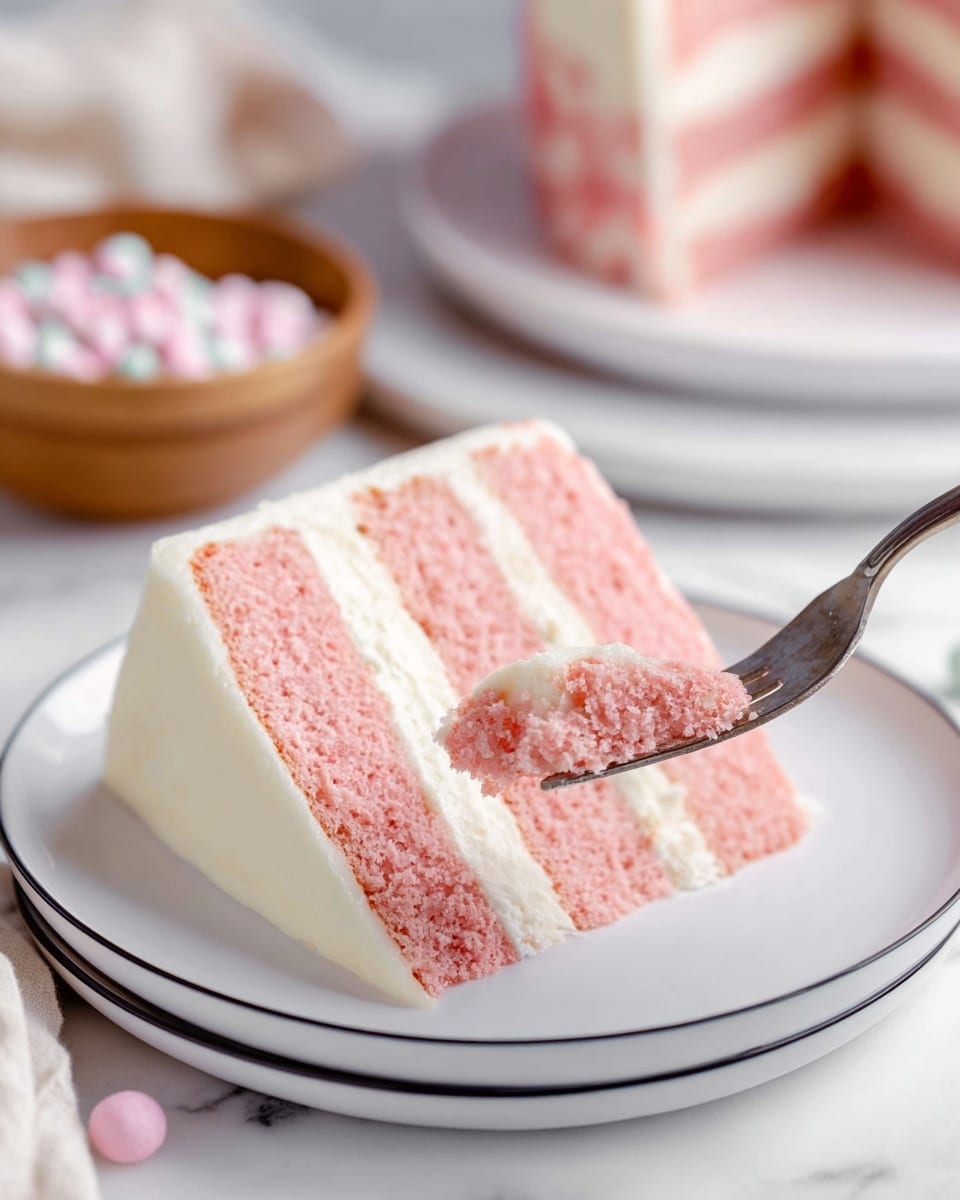 The image shows a slice of pink layered cake with three layers of pink sponge separated by two thick white creamy layers, placed on a white plate with a thin black rim, sitting on a white marbled surface. In the foreground, a fork holds a small bite of the cake, showing the pink sponge and white cream clearly. In the background, there is a wooden bowl with small white and pink round candies and another piece of cake on a white plate with a thin black rim, slightly blurred. The scene has soft natural lighting, making the colors look fresh and bright. Photo taken with an iphone --ar 4:5 --v 7