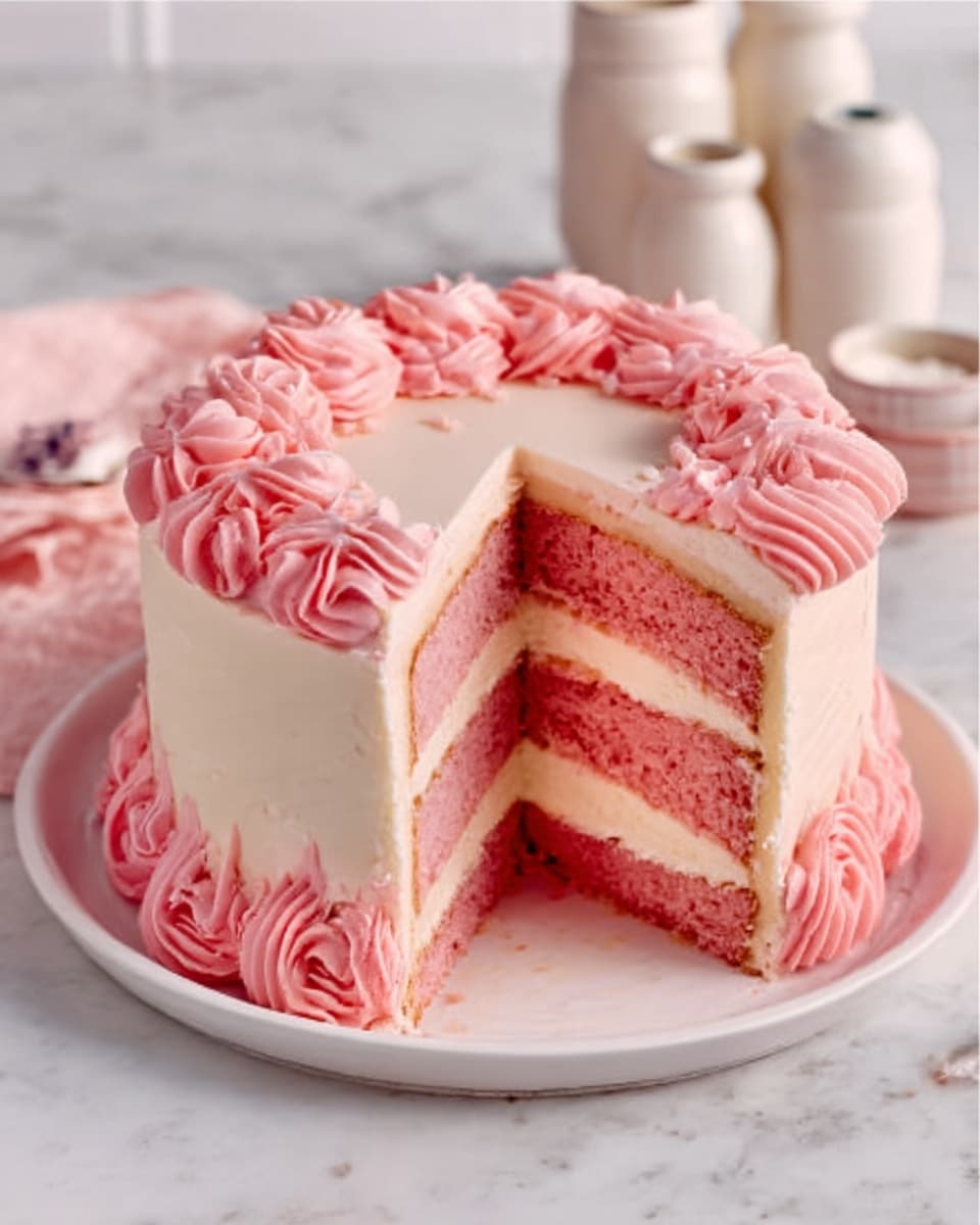 A white round cake with four visible layers, each layer is pink with smooth creamy white filling in between. The cake is covered with light pink frosting, decorated with swirls and rosettes along the edge and top border in shades of pink. The cake sits on a white plate on a white marbled surface. A slice is removed showing the inside layers clearly. In the background, there are white jars, adding a soft touch to the image. Photo taken with an iphone --ar 4:5 --v 7