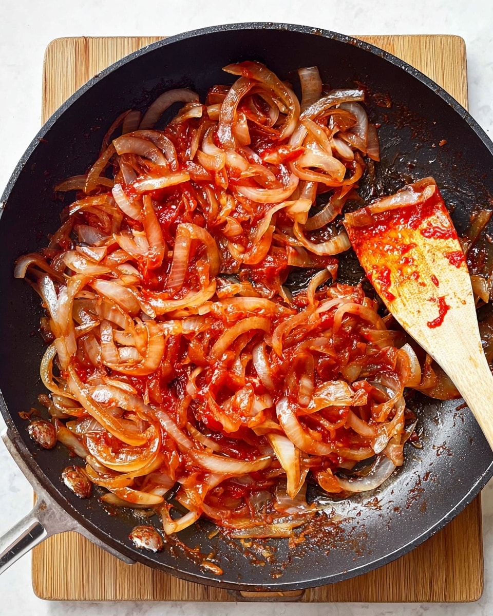 A black pan filled with cooked sliced onions and red tomato sauce mixed together, showing a shiny, soft texture with light browning. The sliced onions are translucent with some pieces having a touch of browned edges, covered with a thick, slightly oily red sauce that clings to the onion strips. A light-colored wooden spoon with red sauce marks rests on the right side of the pan. The pan sits on a wooden board placed over a white marbled surface. photo taken with an iphone --ar 4:5 --v 7