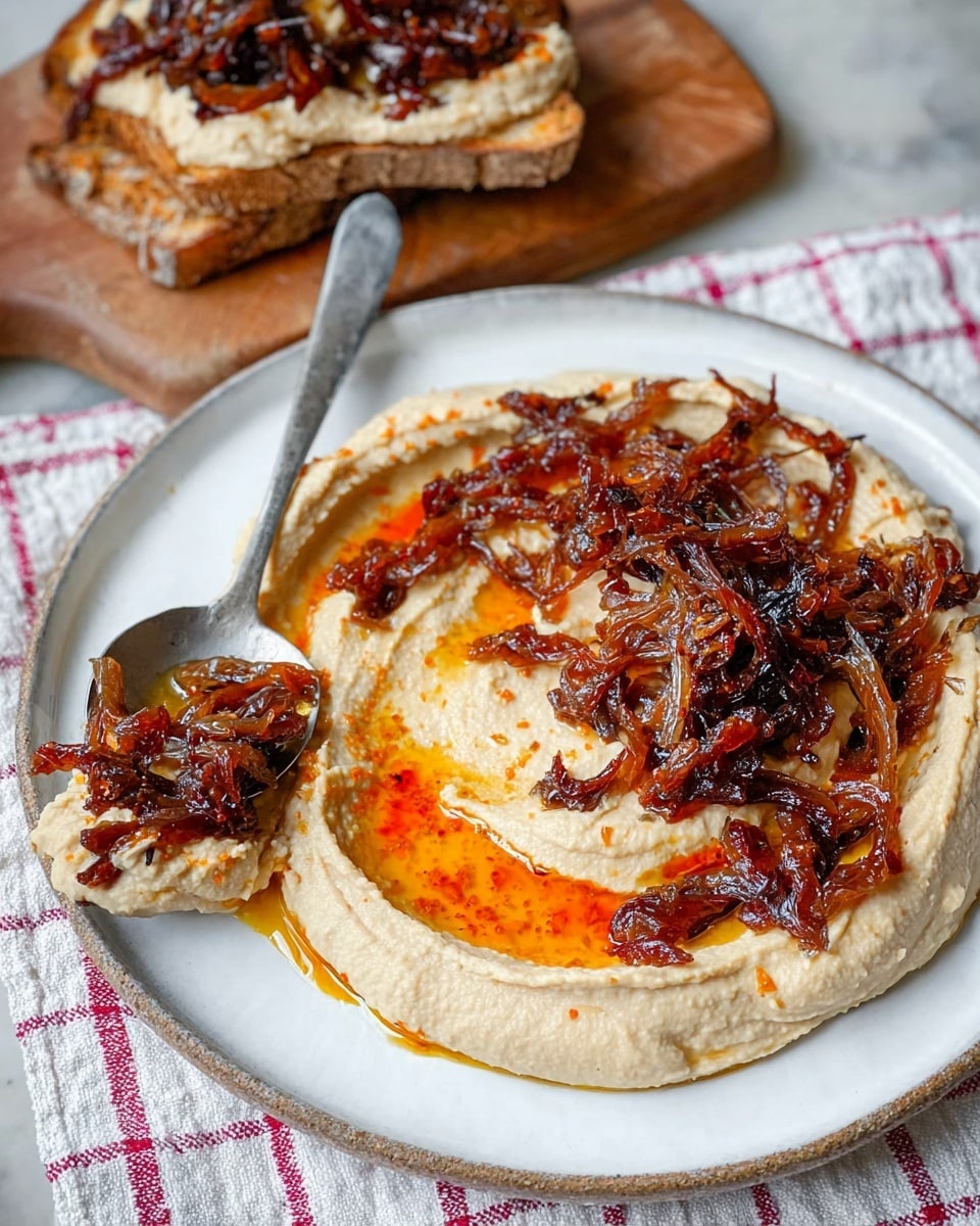 A white plate holds a round layer of creamy beige hummus spread evenly with a few swirls and a drizzle of orange oil around the edge. On top of the hummus, there is a generous layer of dark reddish-brown caramelized onions with a slightly oily, glossy texture. A silver spoon rests on the left side of the plate, scooping some hummus mixed with the onion topping. A small slice of toasted brown bread topped with the same hummus and onion mix sits near the spoon. In the background, a wooden board holds a slice of brown toasted bread layered thickly with a creamy beige spread, topped with a similar dark caramelized onion layer. The setup is on a white marbled surface covered partly by a white cloth with red checks. photo taken with an iphone --ar 4:5 --v 7
