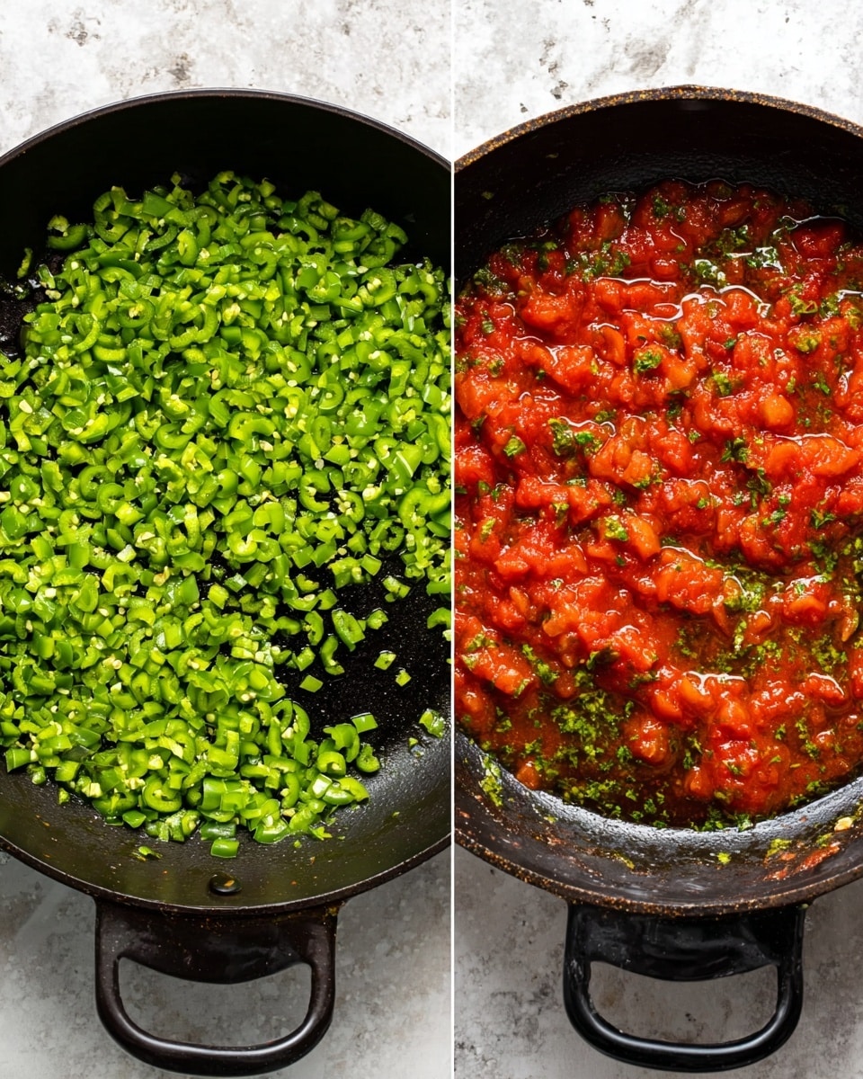 The images show two black cooking pans on a white marbled surface. The first pan contains finely chopped green chili peppers spread evenly throughout the pan, their fresh green color bright and vivid against the dark pan. The second pan is filled with a chunky tomato sauce, with vibrant red tomato pieces mixed with small bits of green herbs and a slightly shiny, liquid texture covering the tomatoes. Both pans have a similar size and black handles that curve outward, placed on the white marbled surface. Photo taken with an iphone --ar 4:5 --v 7