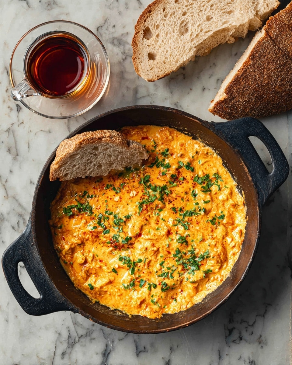 A round black pan with two handles holds a thick, creamy dish with a golden-orange color, speckled with small chunks and fresh green herbs scattered on top. A piece of light brown bread is dipped into one side of the dish, showing the soft texture inside. Outside the pan, there is another piece of similar bread with a rough torn edge. Next to the pan is a clear glass cup with a thin layer of dark amber liquid, both cup and saucer are transparent. The whole scene is on a white marbled surface. photo taken with an iphone --ar 4:5 --v 7