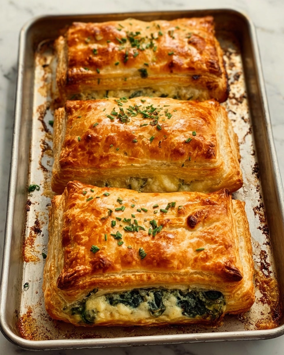 The image shows a close-up of four square pieces of golden brown pastry with flaky, layered crusts on top. Each piece is filled with a creamy white and green mixture, likely spinach and cheese, with the filling visible through cracks and gaps in the puff pastry. The layers of the pastry are shiny and crisp, with a textured surface from baking. One piece is held by a woman’s hand in the foreground, emphasizing the flaky texture and creamy inside. The background has a white marbled texture, making the colors of the pastry and filling stand out clearly. Photo taken with an iphone --ar 4:5 --v 7