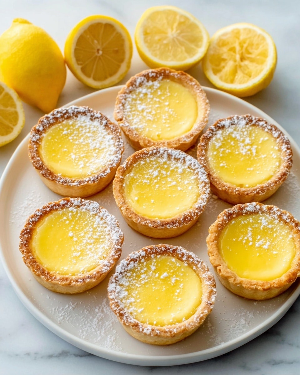 Seven lemon tarts are arranged on a white plate placed on a white marbled surface. Each tart has a golden brown crust with a smooth, bright yellow lemon filling in the center. A light dusting of white powdered sugar is sprinkled on top of each tart, adding contrast to the yellow filling. Around the plate, three whole lemons and one lemon cut in half are placed, showing their bright yellow color and juicy texture. The scene is bright and clear, with natural light enhancing the fresh look of the tarts and lemons. Photo taken with an iphone --ar 4:5 --v 7