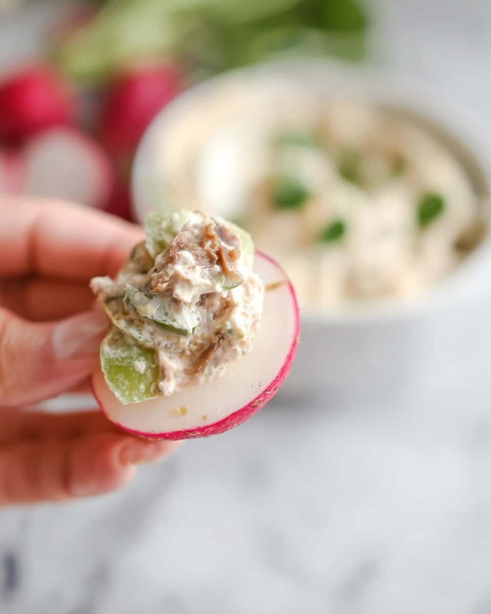A close-up view shows a woman's hand holding a thin, round radish slice with a creamy, chunky topping. The topping has a mixture of light beige cream with small chunks of green vegetable and brown bits, placed on top of the radish. In the blurred background, a white bowl with a creamy dip garnished with small green herbs sits on a white marbled surface. The photo taken with an iphone --ar 4:5 --v 7