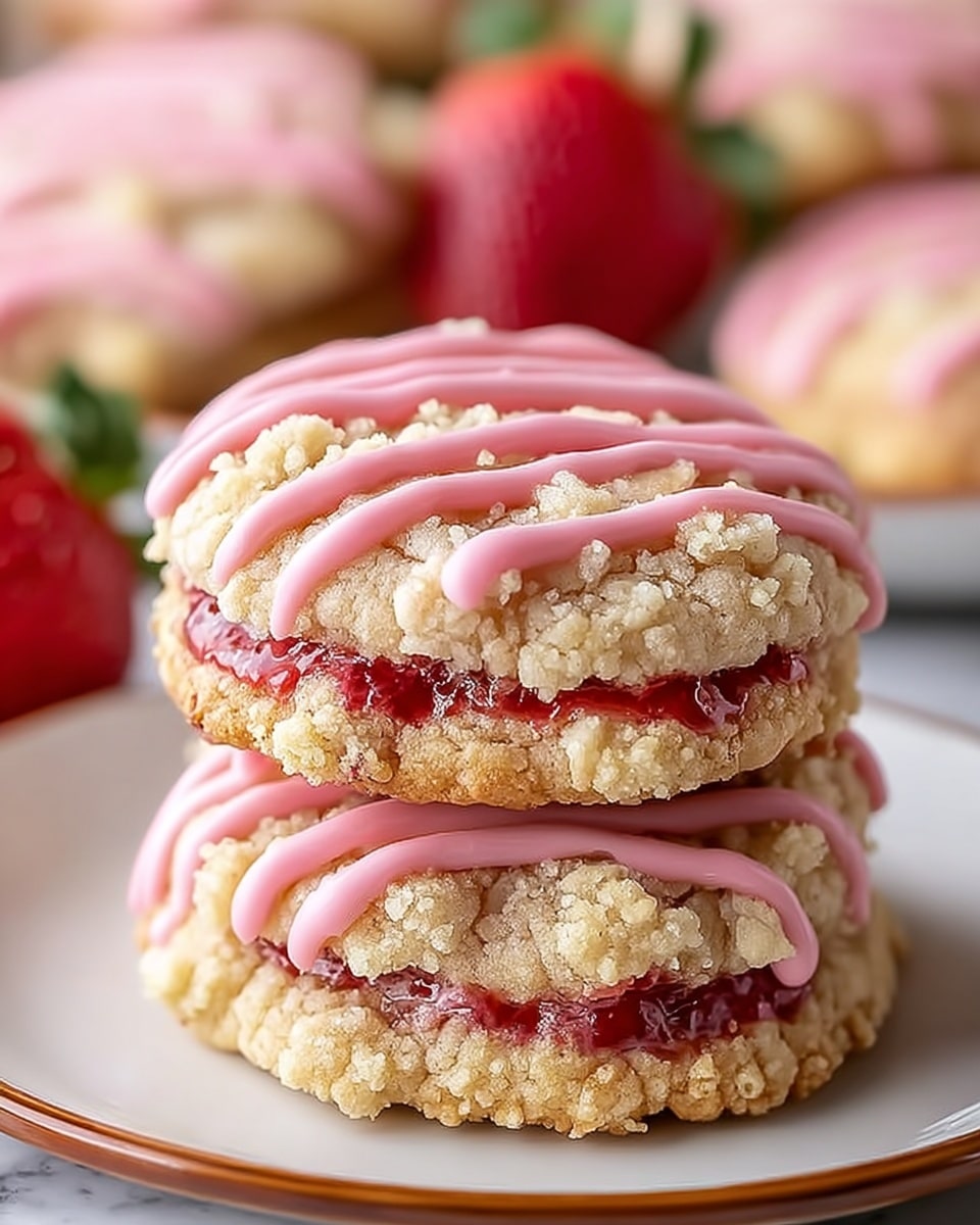 Two round cookies are stacked on a white plate with a brown rim, placed on a white marbled surface. Each cookie has three layers: a light beige crumbly base, a middle layer of visible red strawberry jam with bits of strawberries, and a top layer of crumbly streusel. Pink icing is drizzled in thick, even lines across the top of each cookie, adding a smooth, glossy texture. The background shows several similar cookies, softly blurred, and some fresh strawberries out of focus. Photo taken with an iphone --ar 4:5 --v 7