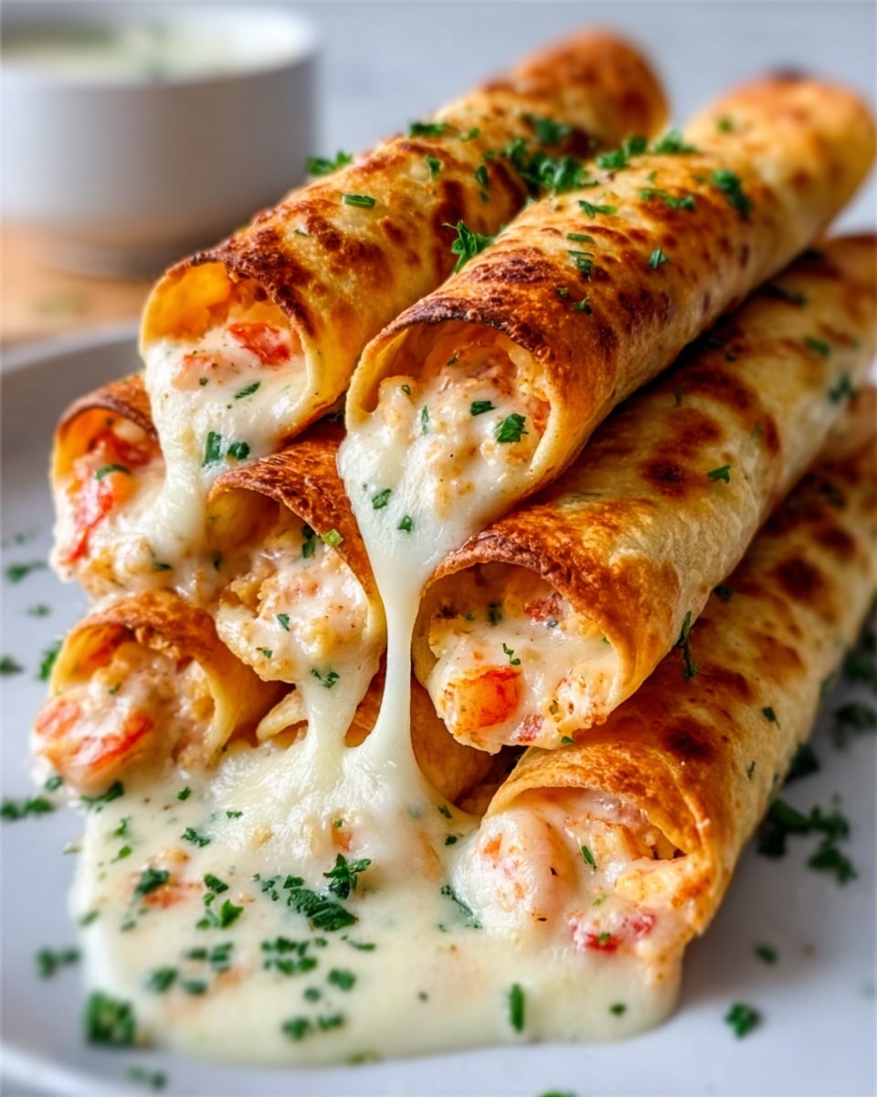 The image shows a stack of six golden-brown, crispy rolled tacos filled with creamy white cheese sauce and pieces of shrimp and tomato inside the filling. The tacos are stacked in two rows, three on the bottom and three on top, placed on a white plate. The melted cheese is dripping out of the open ends of the tacos, creating a shiny, smooth texture. Fresh green chopped herbs are scattered over the tacos and around them on the plate. The plate sits on a white marbled surface, and in the background, there is a blurred cup with sauce. The scene is bright and close-up, highlighting the texture and colors of the tacos, cheese, and herbs. photo taken with an iphone --ar 4:5 --v 7