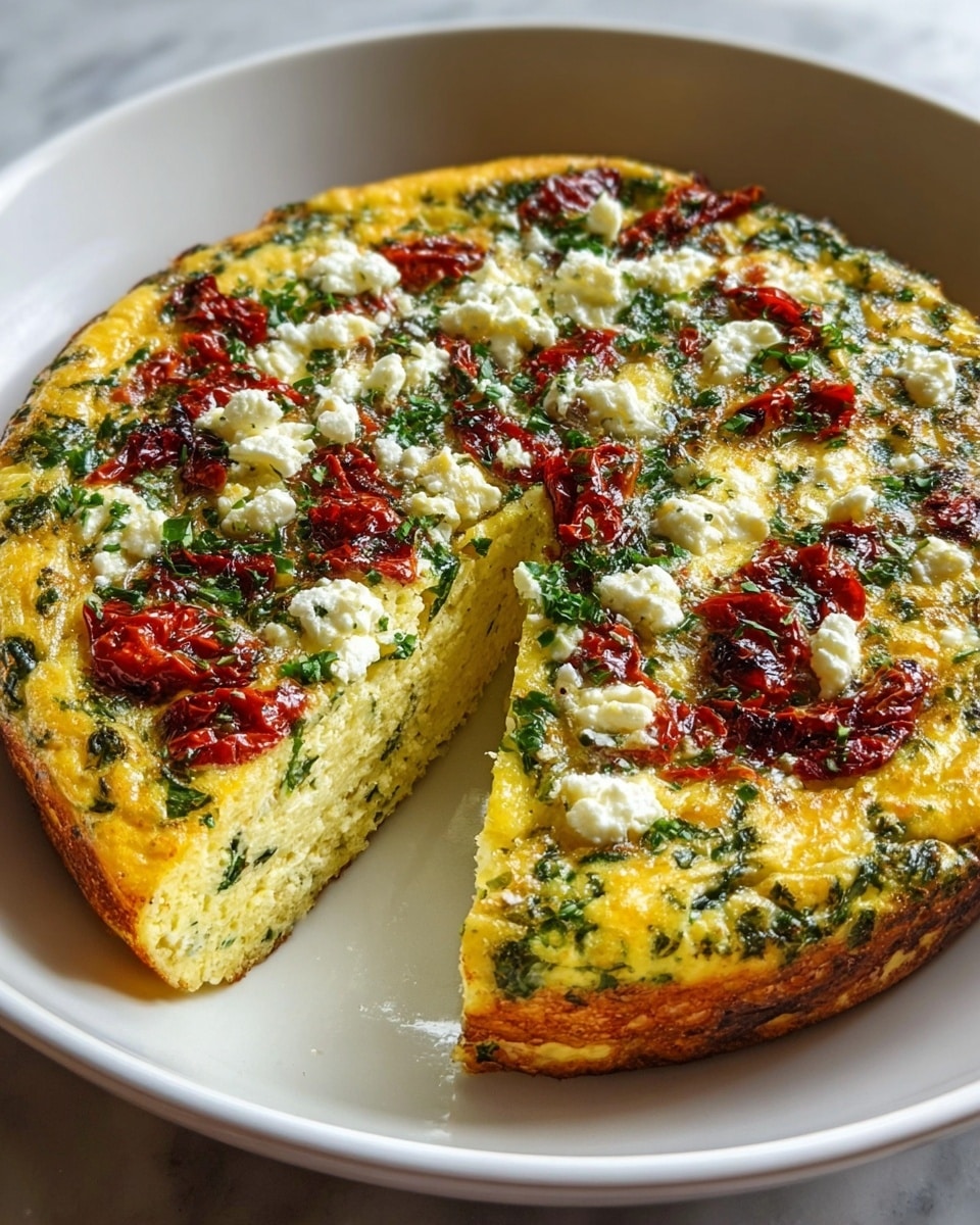 The image shows a round, thick frittata in a white bowl, with one large slice removed to reveal its fluffy, yellow inside mixed with green herbs. The top layer has a textured look with scattered bright red sun-dried tomatoes, white crumbled cheese, and finely chopped green herbs, all mixed within a slightly golden, cooked egg base. The edge of the frittata is browned and slightly crispy, contrasting with the soft inside. The bowl is placed on a white marbled surface. photo taken with an iphone --ar 4:5 --v 7