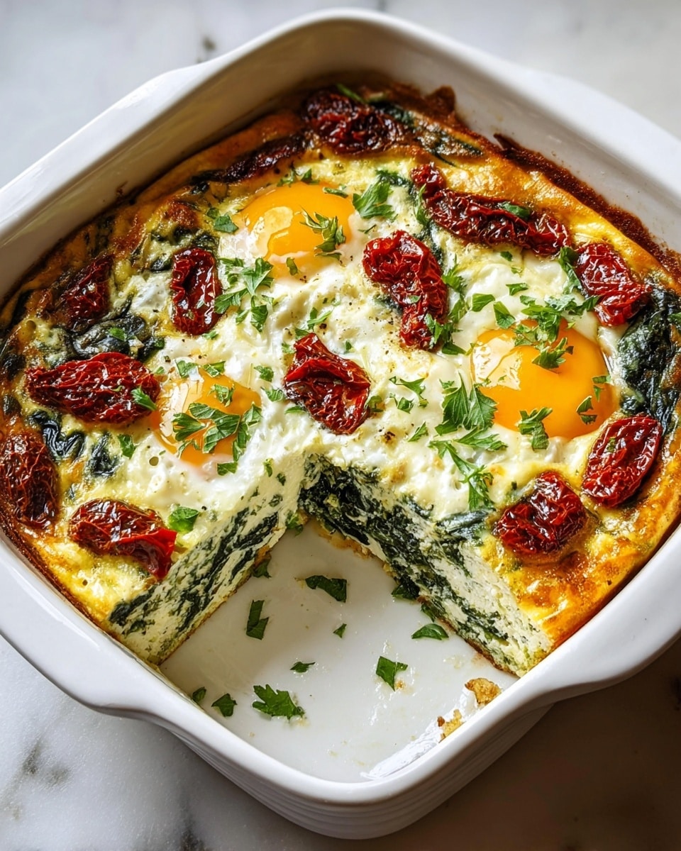 The dish is a thick baked frittata in a white ceramic square dish, with one slice removed showing creamy, pale yellow layers mixed with dark green spinach. The top layer is golden brown with two cooked eggs visible, their yolks a bright yellow-orange with whites set around them. Around the eggs are sun-dried tomatoes in deep red with wrinkled texture, and fresh green parsley leaves scattered finely across the top. The dish sits on a white marbled surface, and the lighting highlights the crisp edges and soft center, making the textures and colors stand out clearly. Photo taken with an iphone --ar 4:5 --v 7