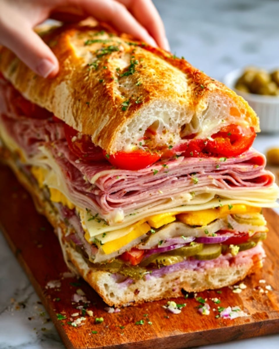 The image shows a thick sandwich with many layers on a wooden board set on a white marbled surface. The sandwich is made with a large round Italian sesame seed loaf (about 10 inches in diameter), sliced horizontally. Inside, there are multiple layers starting with thinly sliced pink deli meat, followed by light yellow cheese, with slices of ripe red tomatoes and bright green pickles placed in the middle. The top is sprinkled with green herbs and small bits of onion or seasoning. A woman's hand is gently holding the sandwich from one side. The photo taken with an iphone --ar 4:5 --v 7