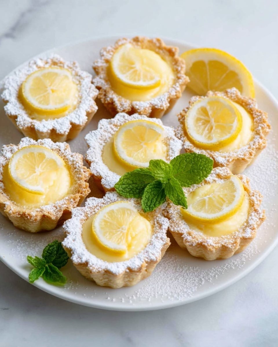 Seven small tartlets sit on a white plate placed on a white marble surface. Each tartlet has a light golden crust with a scalloped edge, filled with smooth, pale yellow lemon filling. On top of each tartlet is a thin round lemon slice and a light dusting of powdered sugar. In the center of the plate, a small cluster of fresh green mint leaves adds a pop of color. A slice of lemon is partly visible on the side of the plate. Photo taken with an iphone --ar 4:5 --v 7