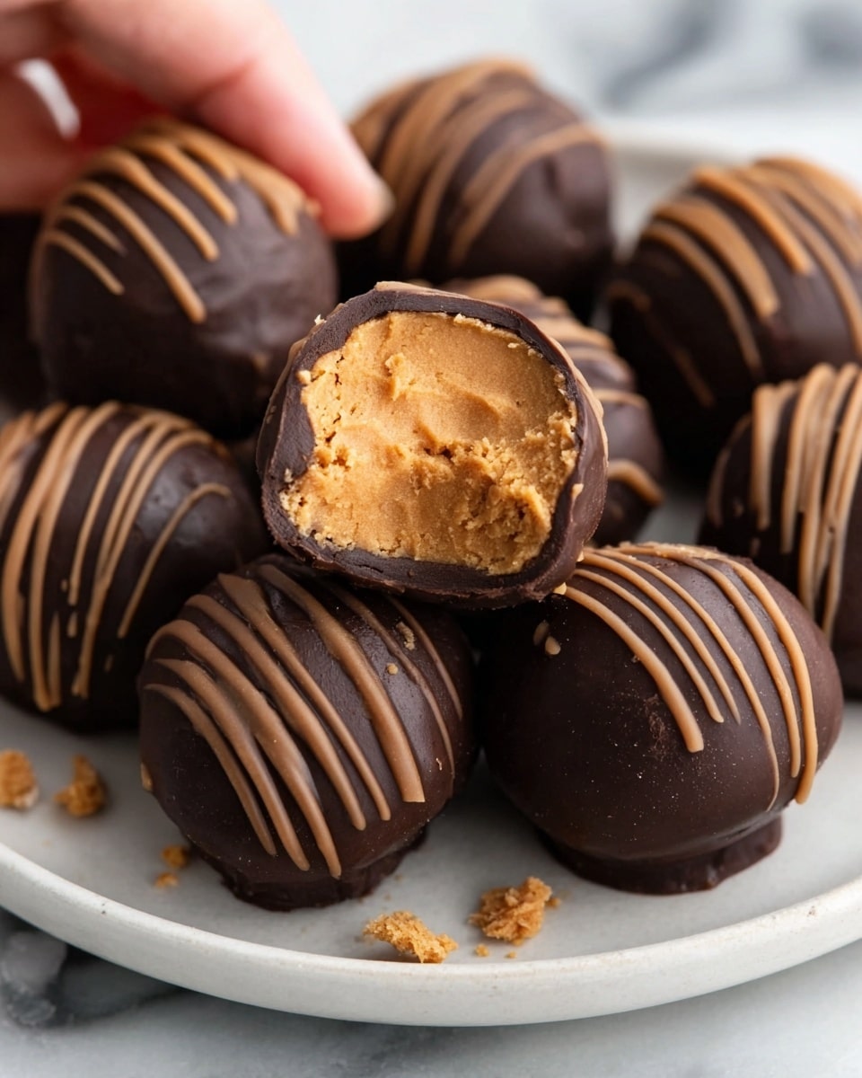 The image shows a close-up of several chocolate-covered peanut butter balls on a white plate. One ball is in the center, with the top half bitten off, showing a creamy, light brown peanut butter filling inside. Around it, some balls are whole, smooth, and dark chocolate-coated, while others have chocolate drizzle on top in neat lines. The plate rests on a white marbled surface, and a woman's hand is slightly visible holding one of the balls near the back. The chocolate shines softly under the light, making the peanut butter filling look soft and rich. photo taken with an iphone --ar 4:5 --v 7