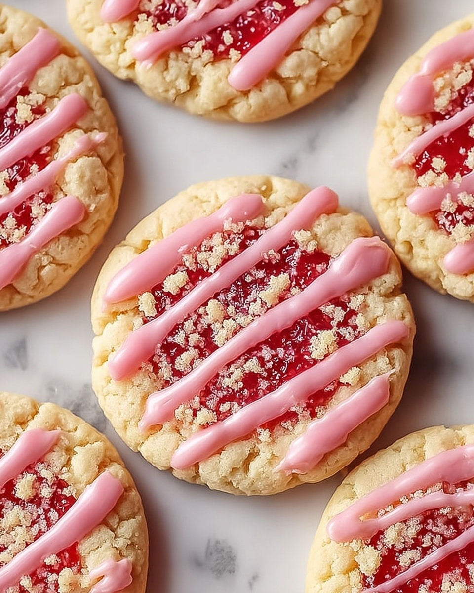The image shows several round cookies with a golden-brown outer layer that looks soft and slightly cracked. Each cookie has a shiny pink icing drizzle in thick lines curving across the top layer, which is a red jam-like center with a crumbly texture sprinkled with small beige crumbs. The cookies are placed on a flat white marbled surface, close to each other, with their colorful toppings clearly visible. photo taken with an iphone --ar 4:5 --v 7