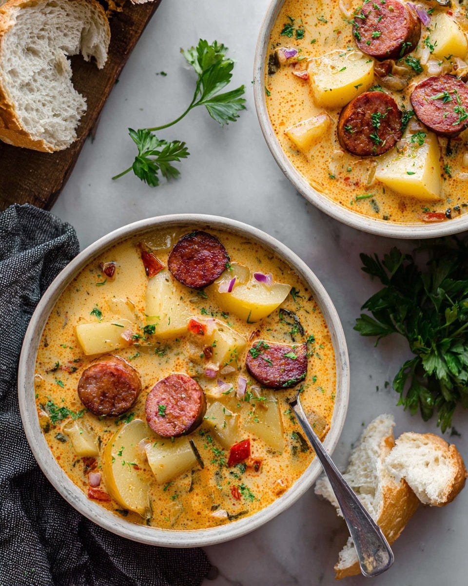 Two white bowls filled with creamy soup sit on a white marbled surface. The soup has visible chunks of light yellow potatoes and slices of browned sausage showing a mix of reddish-brown and pink. There are small bits of onion and red pepper pieces floating in the orange-tinted creamy broth. A silver spoon is placed inside the front bowl. Next to the bowls, a roughly torn piece of white bread is visible along with fresh green parsley sprigs scattered casually. The scene is lit softly showing the textures well. photo taken with an iphone --ar 4:5 --v 7