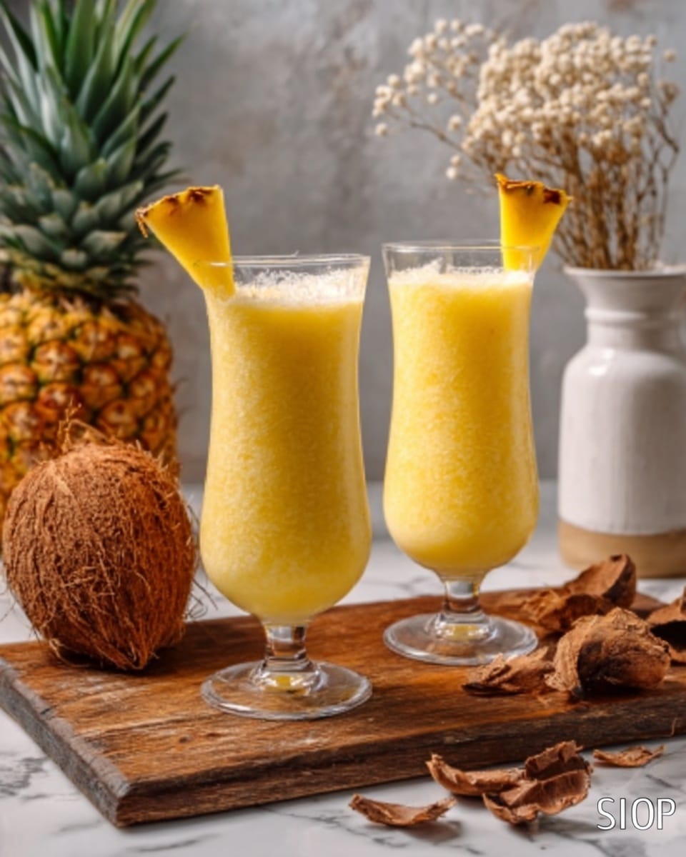 Two tall clear glasses each hold a smooth yellow drink with a thick texture. Each glass is garnished at the rim with a small triangular slice of bright yellow pineapple. The glasses are set on a rough wooden board. Around the board, there are pieces of cracked brown coconut shell, a fresh pineapple with yellow skin and spiky green leaves, and a white ceramic jug with some dried flowers inside. The whole scene is placed on a white marbled surface, with a soft and warm light shining on it. photo taken with an iphone --ar 4:5 --v 7