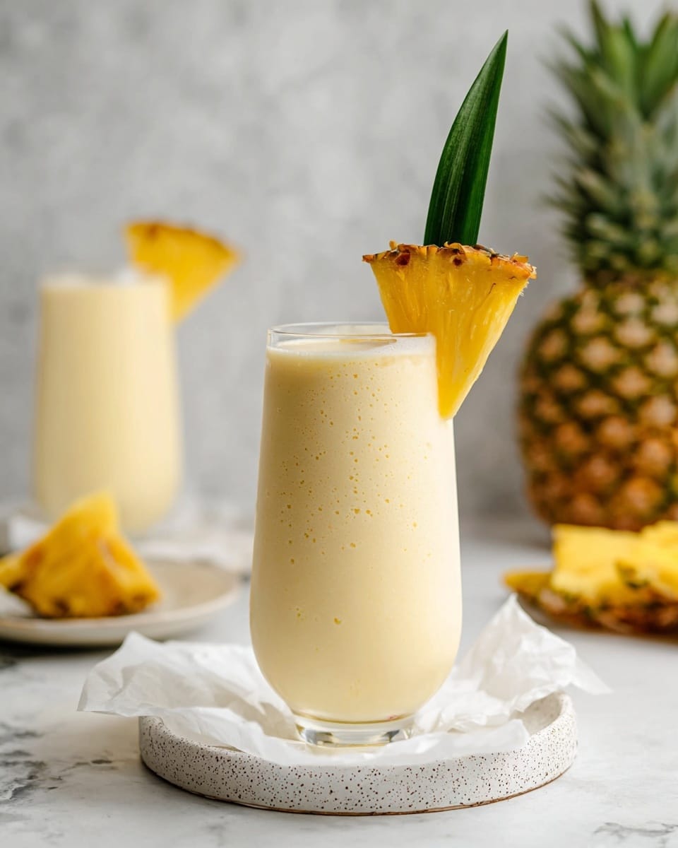 A tall clear glass filled with a creamy light yellow smooth drink sits on a white speckled plate with crumpled white parchment paper underneath. The glass is garnished with a bright yellow triangular slice of pineapple with green edges and a pointed green pineapple leaf standing behind it. In the background, another tall glass with the same drink and pineapple garnish is slightly blurred, along with whole and cut pieces of fresh pineapples on a white marbled surface and a white marbled wall. Photo taken with an iphone --ar 4:5 --v 7