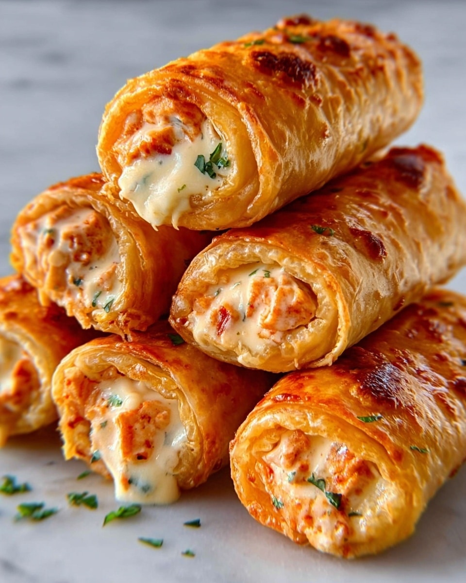 The image shows a stack of six rolled pastries filled with a creamy mixture, arranged on a white marbled surface. Each pastry is golden brown and slightly shiny, with a crispy texture and small browned spots. The ends of the rolls reveal a creamy filling with chunks of reddish-orange pieces, which look smooth and rich. Some small green herbs are visible inside and on top of the filling, adding a touch of color. The rolls are piled with three on the bottom, two in the middle, and one on top, creating a neat pyramid shape. photo taken with an iphone --ar 4:5 --v 7