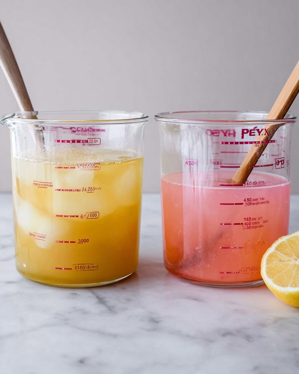 The image shows two clear glass Pyrex measuring cups side by side on a white marbled surface. The left measuring cup contains a yellowish liquid with ice cubes, filling to just below the 200 ml mark. The right measuring cup is filled with a cloudy pink liquid reaching about 350 ml, with a wooden stirrer inside. A halved lemon is placed on the surface next to the right cup. The background is plain and light-colored. photo taken with an iphone --ar 4:5 --v 7