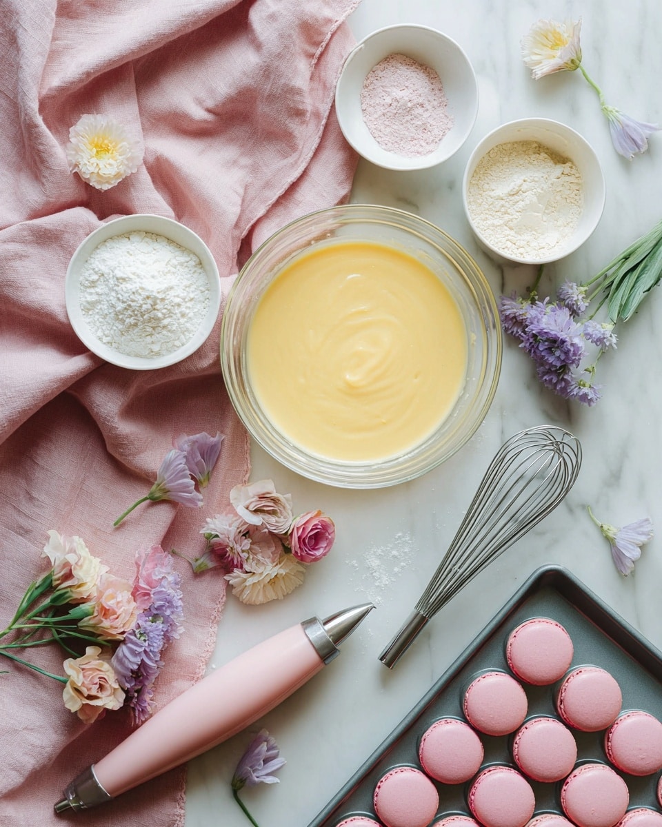 The image shows a baking setup on a white marbled surface with a soft pink cloth. At the center, there is a clear glass bowl filled with smooth yellow batter. Surrounding it are three white bowls containing different powders, likely ingredients for baking. A clean metal whisk lies on the pink cloth next to the bowls. Below the bowl with batter is a pink piping bag with a metal tip resting on the cloth. A metal baking tray with neatly arranged pink macarons is placed at the bottom right. Scattered around are small flowers with pink, white, and purple petals, adding a gentle, delicate touch. Photo taken with an iphone --ar 4:5 --v 7