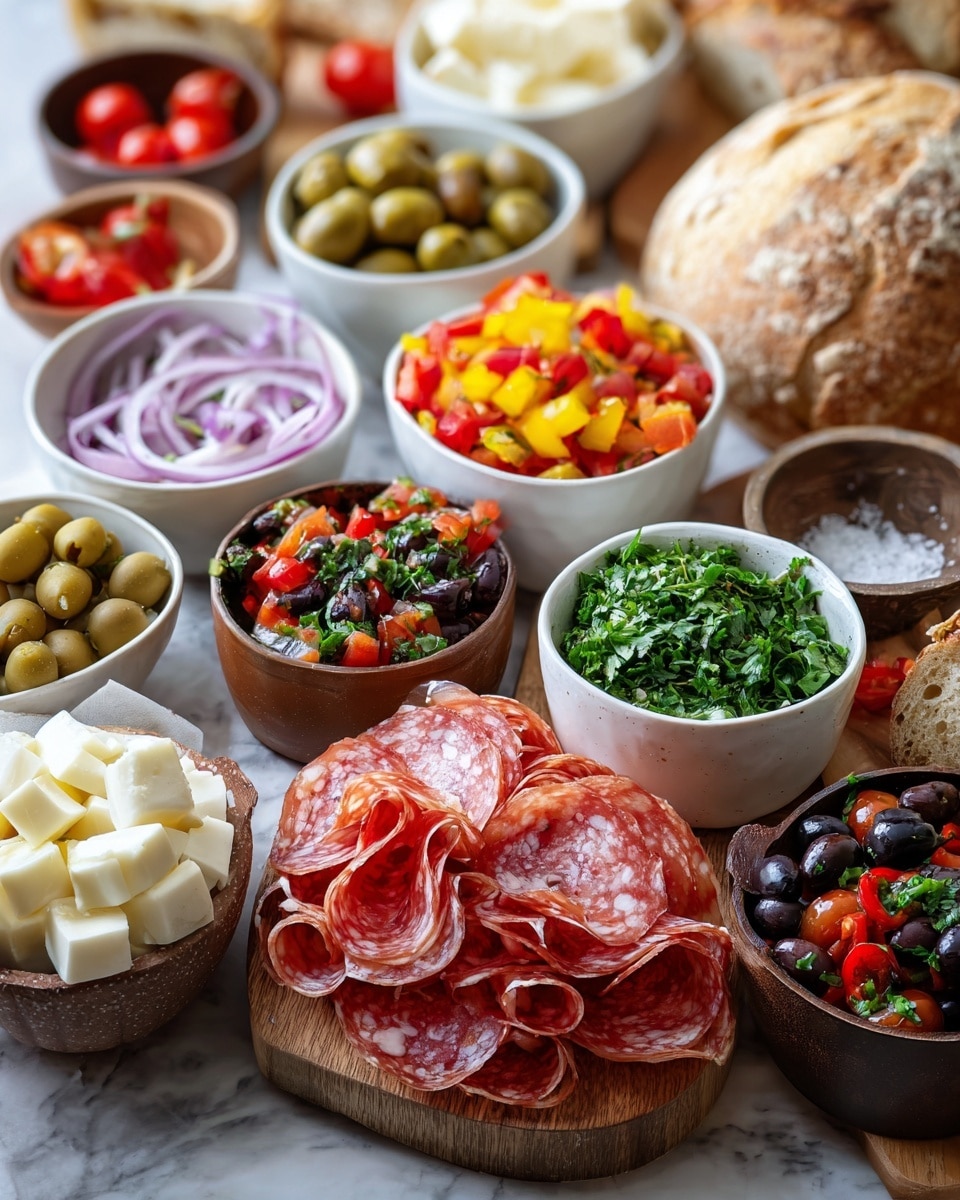The image shows a wooden board and bowls filled with different appetizers arranged on a white marbled surface. At the front, thin slices of salami are layered with some folded over each other on the wooden board. To the right, a round loaf of crusty bread sits whole, and a bowl with chopped green herbs is placed nearby. In small white bowls, there are green olives, diced red tomatoes mixed with herbs, and a bright mix of chopped yellow and red peppers. A brown bowl holds thin purple onion slices, and another has a mix of black olives and red peppers, topped with chopped green parsley. White bowls in the background contain small cubes of white cheese, and a few more ingredients such as cherry tomatoes, salt, and herbs are slightly out of focus. The scene is bright and colorful, showing fresh ingredients and different textures. Photo taken with an iphone --ar 4:5 --v 7