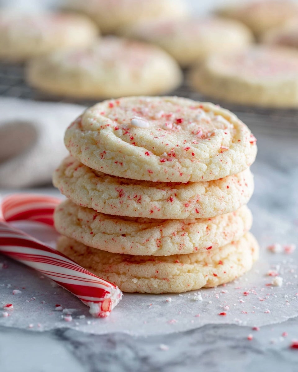 A group of round, light beige cookies with tiny red specks are spread over a white marbled surface. Each cookie has a slightly cracked top with a soft texture visible, and one cookie shows a bite taken out of it, revealing the inside. Two red and white striped candy canes lie diagonally among the cookies, adding a festive touch. A white dish towel with red stripes is partly seen in the top left corner, with some cookies resting on a round wire cooling rack placed on it. The whole scene has a bright and cozy feel. photo taken with an iphone --ar 4:5 --v 7