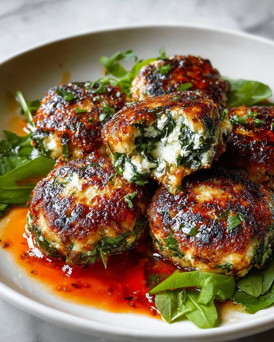 The image shows a white plate with four round meatballs arranged close together, each with a crisp, dark brown outer layer mixed with bright green leafy bits that look like spinach or herbs. One meatball is partially eaten, revealing a light-colored, soft inside mixed with green leaves. The meatballs sit in a pool of shiny, amber-colored sauce with specks of black pepper. Each meatball is topped with small green leaf garnishes. The background is a white marbled surface. photo taken with an iphone --ar 4:5 --v 7
