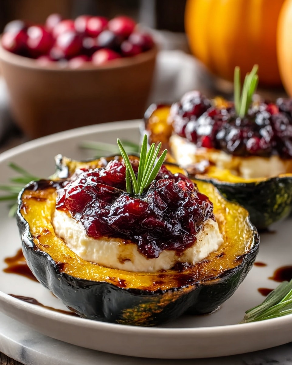 The image shows three halves of dark green acorn squash, each filled with a bright orange roasted flesh layer topped with a white, crumbly cheese layer. The squash halves are arranged diagonally on a white marbled surface. In the foreground, there is a small clear glass bowl with a golden honey layer and a sprig of green rosemary beside it. In the background to the left, a small clear glass bowl holds deep red cranberry sauce. Further back, a glass bottle with a curved handle contains a light amber liquid, likely honey, all set against a blurred white marbled background. Photo taken with an iphone --ar 4:5 --v 7