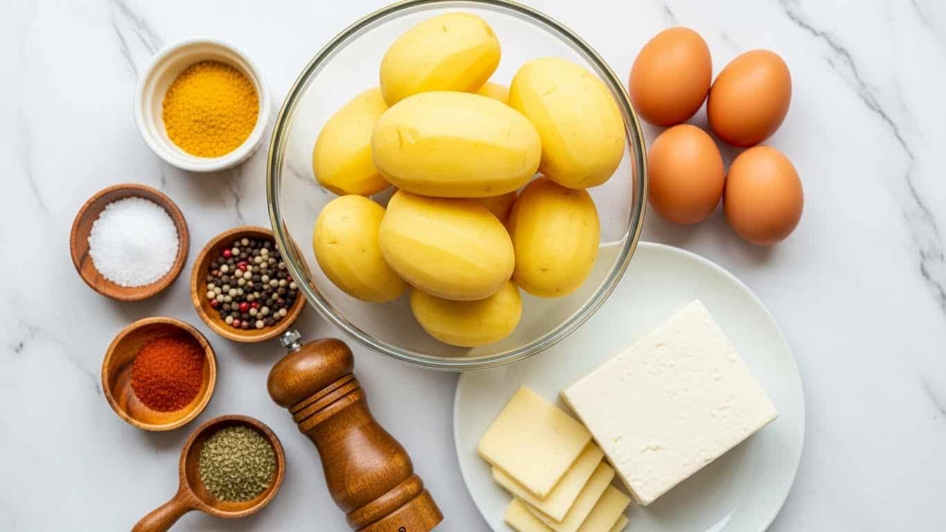The image shows an arrangement of several cooking ingredients placed on a white marbled surface. In the center, there is a clear glass bowl filled with seven peeled boiled yellow potatoes stacked on top of each other. To the bottom right of the bowl, a white plate holds a block of white cheese, with a few slices cut and placed next to it. On the top right, four brown eggs are clustered together. Around the bowl, there is a small white bowl containing a yellow powder, a small wooden bowl with salt, a pepper grinder filled with mixed peppercorns, and two tiny wooden bowls — one with green dried herbs and the other with red spice powder. The setting is bright and clean, focusing on the raw ingredients without any additional decoration. Photo taken with an iphone --ar 4:5 --v 7
