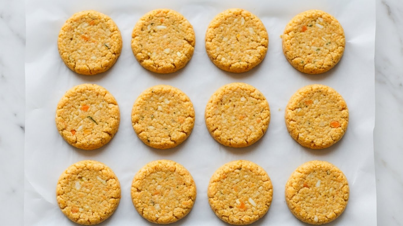 The image shows twelve round, uncooked patties arranged in a 3 by 4 grid on a piece of parchment paper. Each patty is light orange-yellow with a slightly rough and grainy texture, with small bits of ingredients visible inside. The parchment paper is placed on a white marbled surface, highlighting the warm color of the patties. photo taken with an iphone --ar 4:5 --v 7
