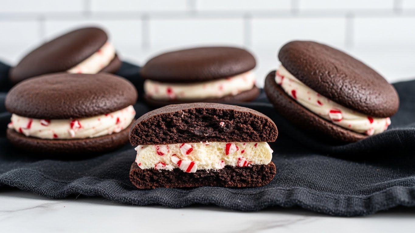 The image shows several dark brown sandwich cookies with a creamy white filling mixed with red peppermint pieces in the middle layer. The cookies are round and have a smooth surface. One cookie is broken open to show the soft, dark brown inside and the white cream in the center. The cookies sit on a soft black cloth on a white marbled surface, with white tile walls in the background. Photo taken with an iphone --ar 4:5 --v 7