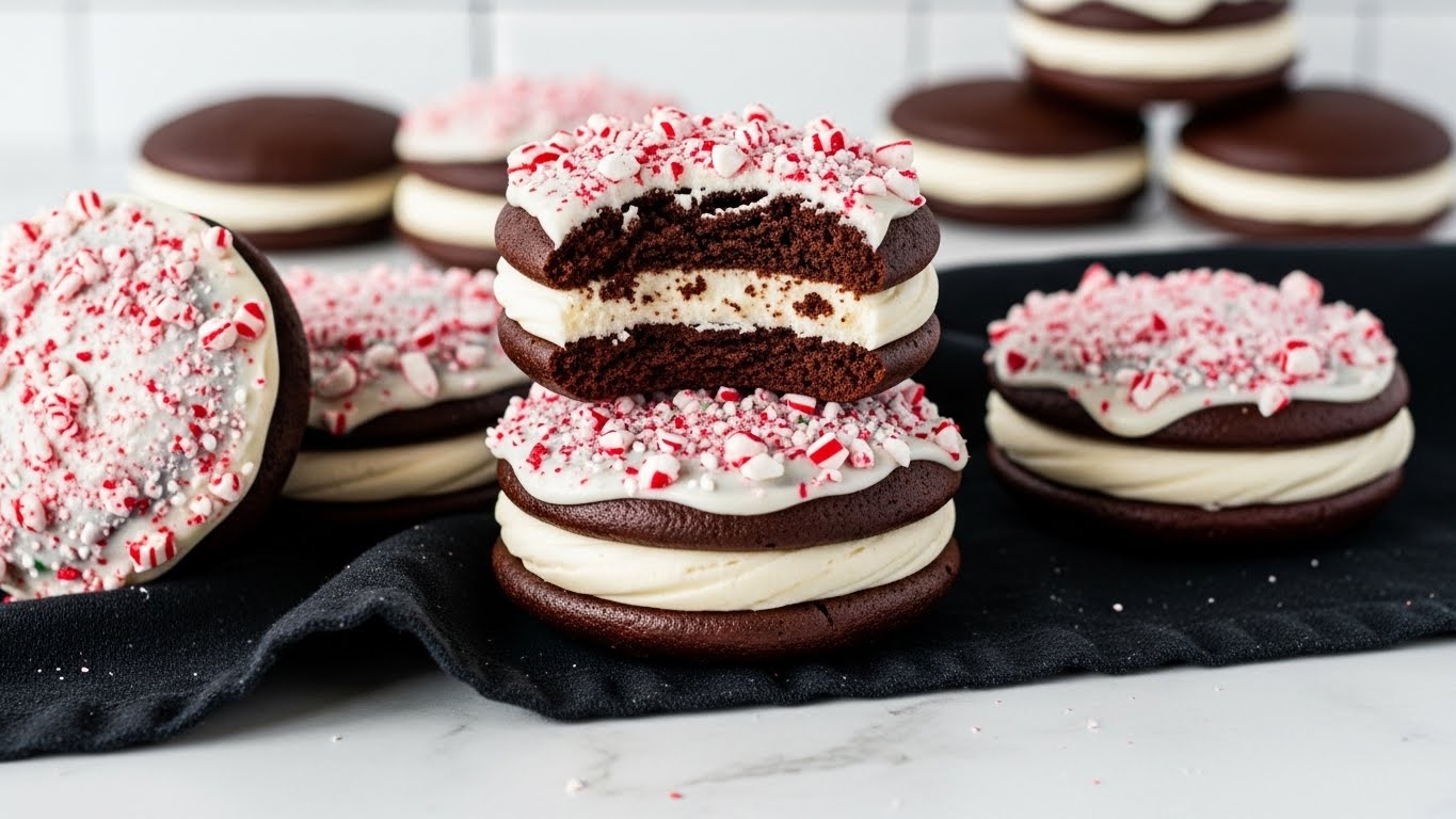 The image shows several whoopie pies stacked on a black cloth over a white marbled surface. Each whoopie pie has two dark brown chocolate cake layers with a thick white cream filling in the middle. The white cream is decorated around the edges with crushed red and white peppermint candy pieces. One whoopie pie is on top with a bite taken out of it, revealing the soft and moist texture of the chocolate layers and creamy center. In the background, there are more whoopie pies slightly blurred against a white tiled wall. Photo taken with an iphone --ar 4:5 --v 7