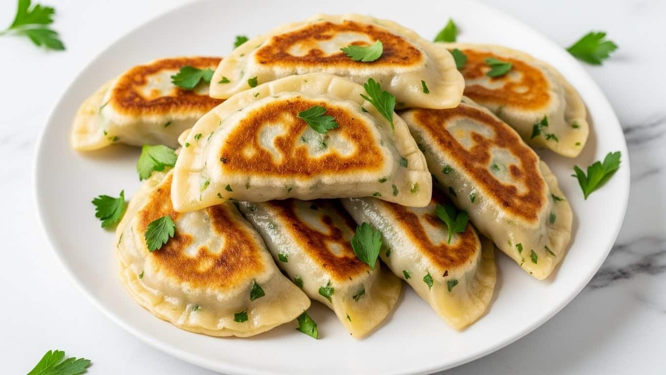 A white plate on a white marbled surface holds a neatly stacked pile of six golden-brown pan-fried dumplings. Each dumpling is crescent-shaped with crisp, slightly browned edges and a smooth, shiny surface speckled with small bits of green herbs and cooked filling peeking through the translucent dough. Fresh green parsley pieces are scattered on and around the dumplings, adding a pop of color. The dumplings are arranged overlapping each other in a loose pile, showing both the browned top and the soft sides. Photo taken with an iphone --ar 4:5 --v 7