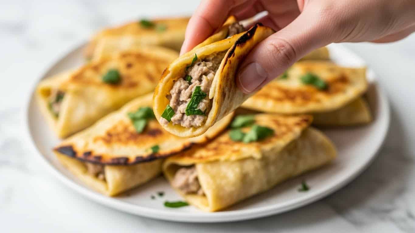A woman's hand is holding a small folded wrap made of a golden-brown crispy layer with slightly darkened edges, filled with a creamy mixture of light brown meat and small pieces of green herbs, visible at the open end. Below, there is a white plate with more of these folded wraps, showing the same golden color with green herb bits scattered on top. The plate sits on a white marbled surface. The image is bright and the focus is on the single wrap held by the woman's hand, with the plate and other wraps blurred in the background. photo taken with an iphone --ar 4:5 --v 7