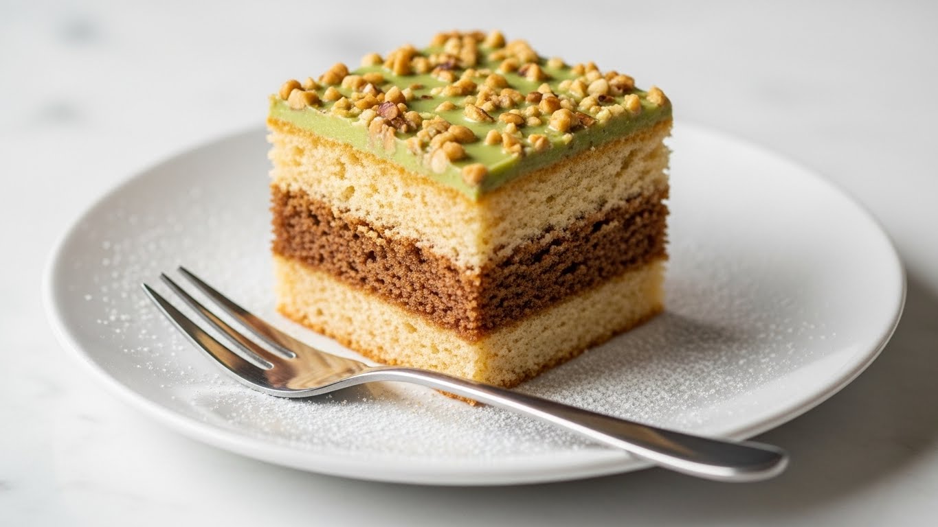 The image shows a single square piece of cake on a white plate, sitting on a white marbled surface. The cake has three visible layers: a bottom layer that is light brown and moist, a middle layer that is slightly darker and textured, and a top layer covered with a light green glaze sprinkled with small pieces of nuts. A silver fork rests on the plate beside the cake, and powdered sugar is lightly dusted over the plate and cake. The photo captured has soft natural light highlighting the textures and colors, creating a fresh and inviting look. photo taken with an iphone --ar 4:5 --v 7