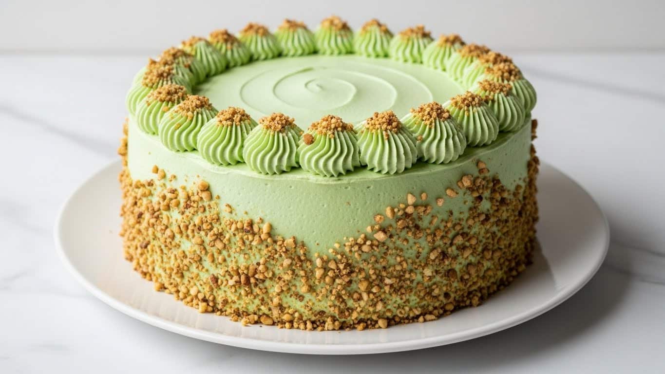 The image shows a round cake with a green frosting layer all over. The cake has one large layer of light green cream on top and around the sides. The top and sides are covered with small crushed nuts that add texture and a slightly darker green tone. The cake sits on a plain white plate on a white marbled surface. photo taken with an iphone --ar 4:5 --v 7