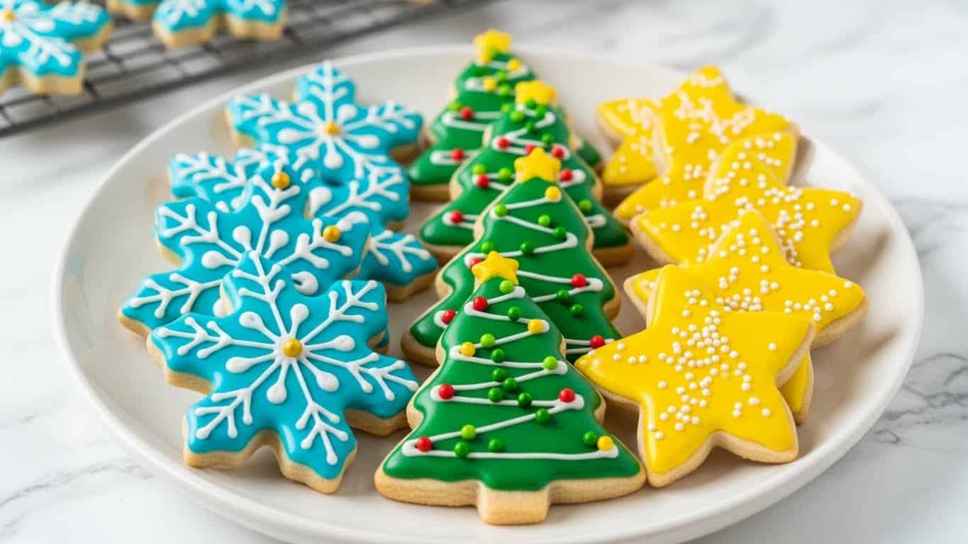The image shows a white plate filled with colorful Christmas-themed cookies in three shapes: blue snowflakes, green Christmas trees, and yellow stars. The blue snowflake cookies have smooth turquoise icing with white icing patterns and small gold round decorations. The green Christmas tree cookies have smooth dark green icing decorated with small red, green, and white round sprinkles and a tiny yellow star at the top. The yellow star cookies have bright yellow icing with white sprinkles. The plate sits on a white marbled surface with more cookies on a cooling rack blurred in the background. photo taken with an iphone --ar 4:5 --v 7