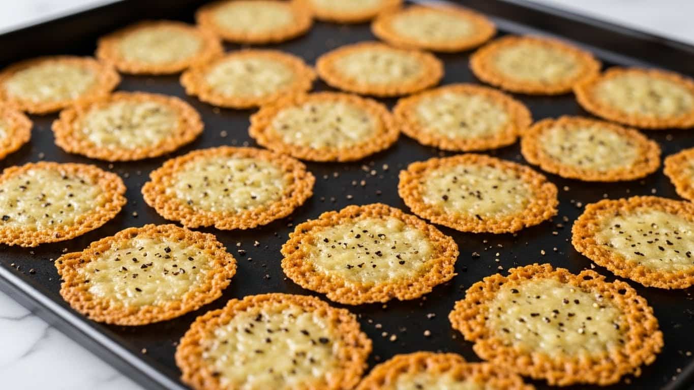 The image shows many small, round, golden-brown cheese crisps spread out on a dark baking tray. Each crisp has a crispy, slightly bubbly texture with some darker brown edges and small black pepper pieces scattered on top. The crisps are thin and uneven in shape with a light cheese color in the middle and darker toasted edges. The tray sits on a white marbled surface in soft natural light. photo taken with an iphone --ar 4:5 --v 7