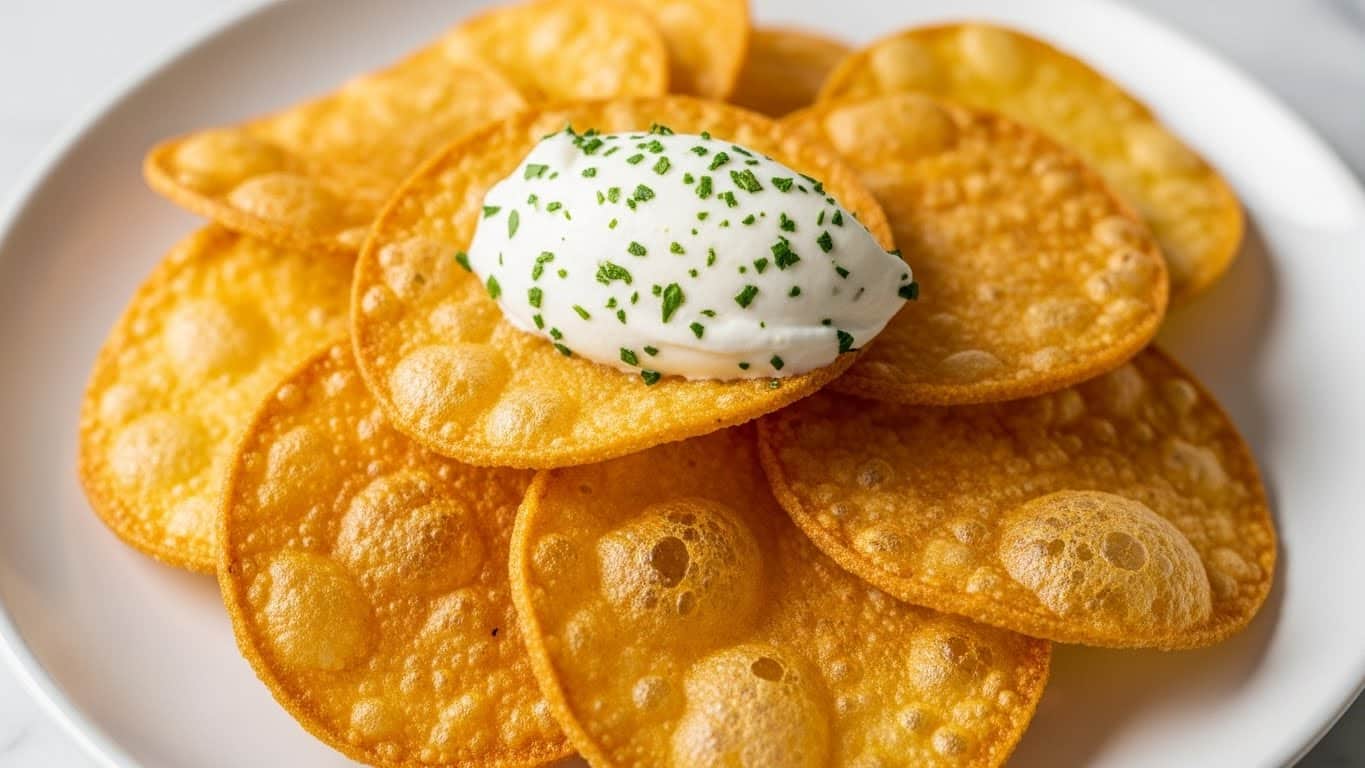 A close-up of a white plate filled with several golden-brown, crispy chips piled in layers. The chips have a slightly bubbled texture with some darker spots, showing a crunchy surface. On top of the chips, there is a dollop of white cream sprinkled with small green herb flakes. The chips and cream are centered on a white marbled surface. photo taken with an iphone --ar 4:5 --v 7