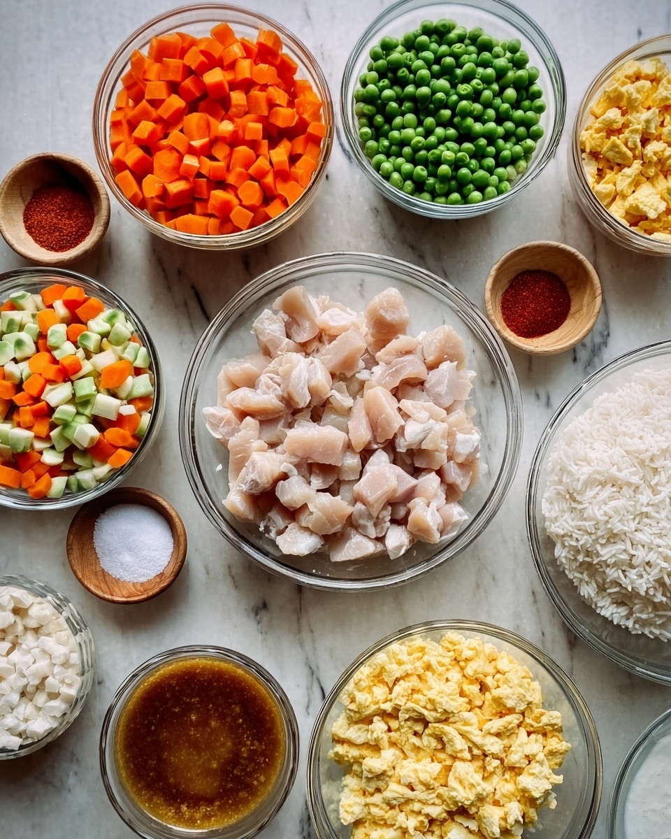 The image shows a white marbled surface with several clear glass bowls and small dishes containing prepared ingredients for cooking. In the center, a bowl with small, light pink diced pieces of chicken sits surrounded by other bowls. There is a bowl of bright orange diced carrots, a bowl of green peas, a bowl of mixed diced vegetables including orange, white, and green pieces, a bowl of fluffy white cooked rice, and a bowl with a light yellow scrambled egg mixture. Small dishes contain red spice powder, white salt, and a brown sauce. Everything is neat and well arranged, ready for cooking. Photo taken with an iphone --ar 4:5 --v 7
