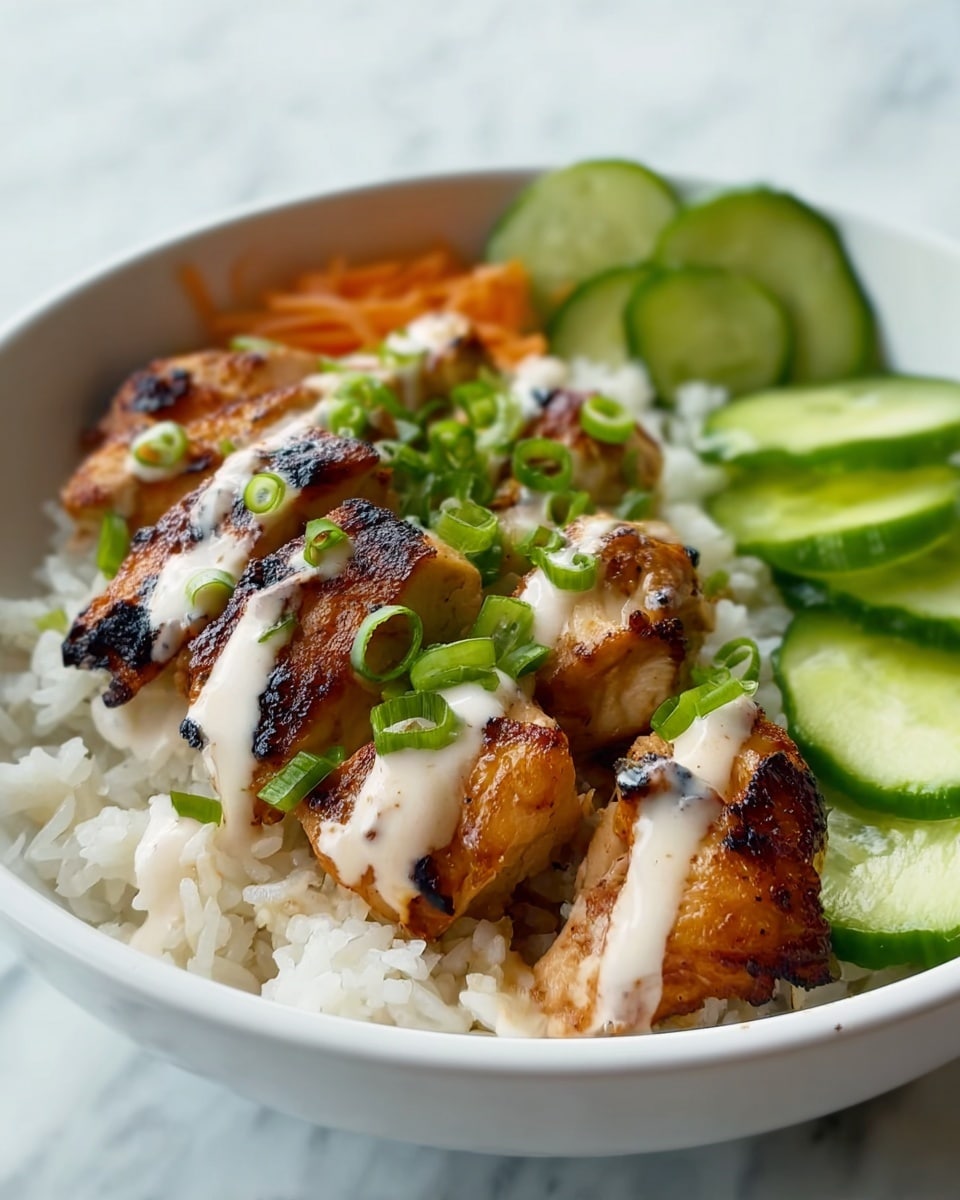 In a white bowl, there is one layer of white rice at the bottom, followed by grilled chicken pieces with a golden brown and slightly charred texture placed on top. A white creamy sauce is drizzled over the chicken, and thin green onion slices are scattered across it. On the side, there are fresh, green cucumber slices adding a vibrant color contrast. The bowl is set on a white marbled surface. photo taken with an iphone --ar 4:5 --v 7