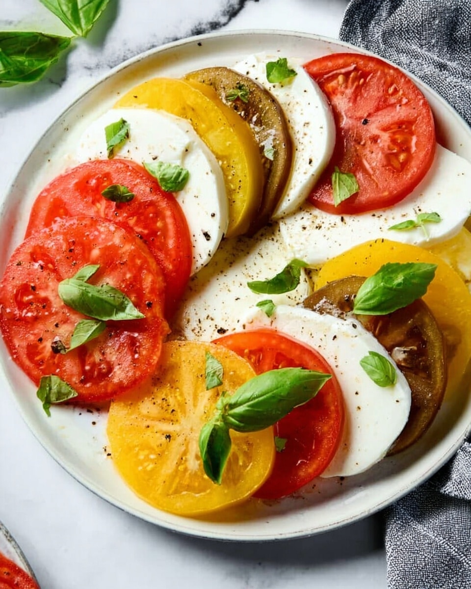 The image shows a white plate with three layers arranged in a circle: alternating slices of red, yellow, and brown tomatoes, and white mozzarella cheese. The tomato slices have a soft, juicy texture, and each piece of mozzarella is smooth and slightly thick. Small green basil leaves are placed on top of the layers, adding contrast and freshness. The dish is lightly sprinkled with black pepper. The background is a white marbled surface with a corner of a gray cloth visible. Photo taken with an iphone --ar 4:5 --v 7