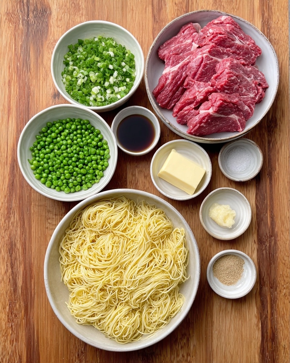 The image shows seven white bowls arranged neatly on a wooden surface, each holding different ingredients. The largest bowl at the bottom center contains a large amount of yellow noodles with a slightly wavy texture. To the left of the noodles bowl, there is a bowl filled with chopped green onions. Above it, a small bowl holds bright green peas. To the top right of the noodles, a large bowl is filled with several thin slices of raw red meat with some white marbling. Next to it on the right edge, three small bowls contain different ingredients: a round slice of pale yellow butter, a small amount of crushed light yellow garlic, and a small heap of light tan powder, likely seasoning. Above the green onions, there is a bowl with a dark brown liquid sauce. All bowls are placed on a smooth wooden surface. Photo taken with an iphone --ar 4:5 --v 7