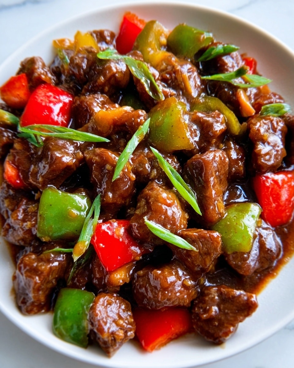 The image shows a white plate full of thick, glossy pieces of meat coated in a dark brown sauce. Mixed in are chunks of bright red and green bell peppers, adding color contrast with their smooth, slightly shiny surfaces. Some pieces of light green onion are also scattered around, creating small pops of pale green among the meat and peppers. The overall look is rich and glossy with different textures, all sitting on a white marbled surface. photo taken with an iphone --ar 4:5 --v 7